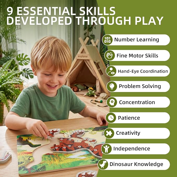 3 Pack 15.7"×8.9" Extra-Large Dinosaur Wooden Puzzle for Toddlers Age 3-5 | XL 3D Wooden Puzzle, Learn Numbers 1-20, Vivid UV Print, Non-Toxic Paint, CPC Certified, T-Rex Stegosaurus Triceratops
