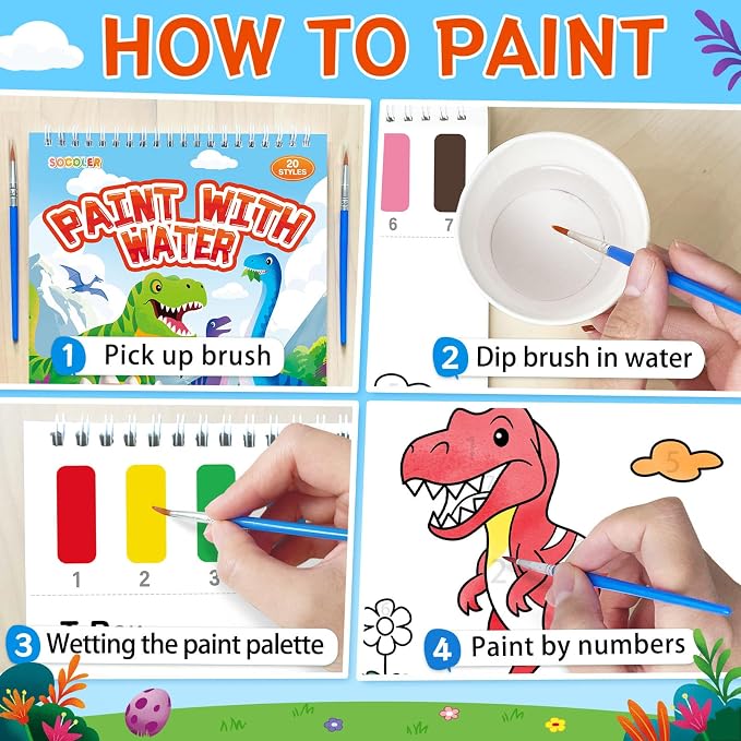 SOCOLER Paint with Water Coloring Books for Toddlers, Dinosaurs Theme Mess Free Watercolor Painting Papers for Kids Water Color Paint Kit Art Craft Birthday Gift for Ages 1-3, 4-8