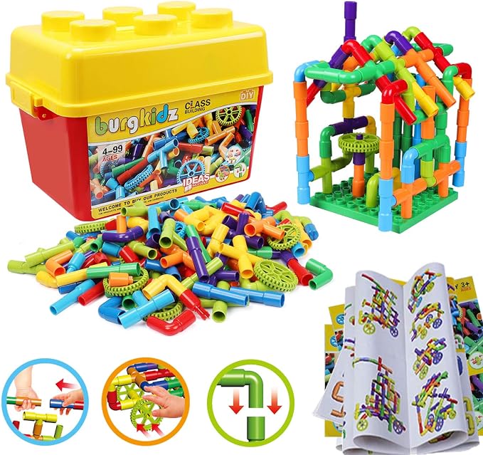 burgkidz STEM Tube Building Set: 188 Pcs Build Cars w/Wheels & Tub | Build cars, planes, houses & more: 162 tubes, 24 wheels, 2 baseplates. Compatible w/ major brands. Guide & tub included