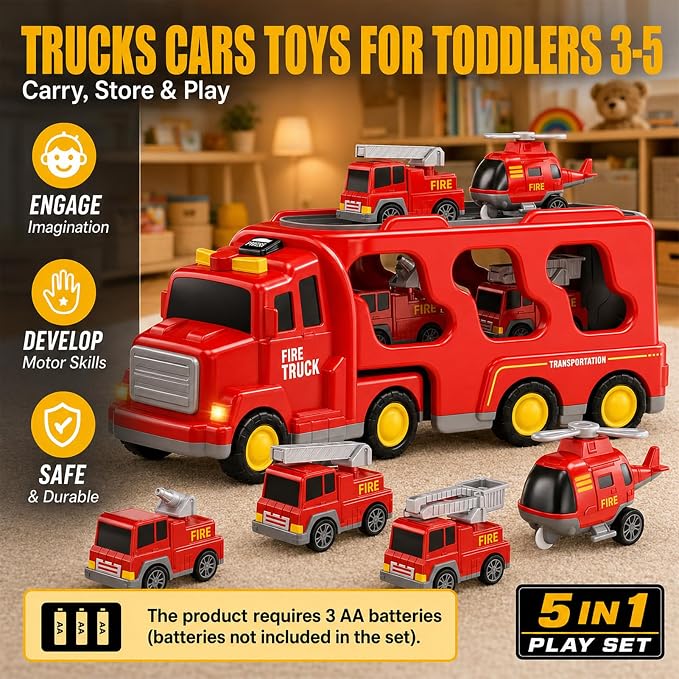 Beby Buty 5 in 1 Fire Truck Cars for Toddlers 3-5, Boy Car Truck Toys with Light Sound, Birthday Gifts for 3 4 5 6 Year Old Boy