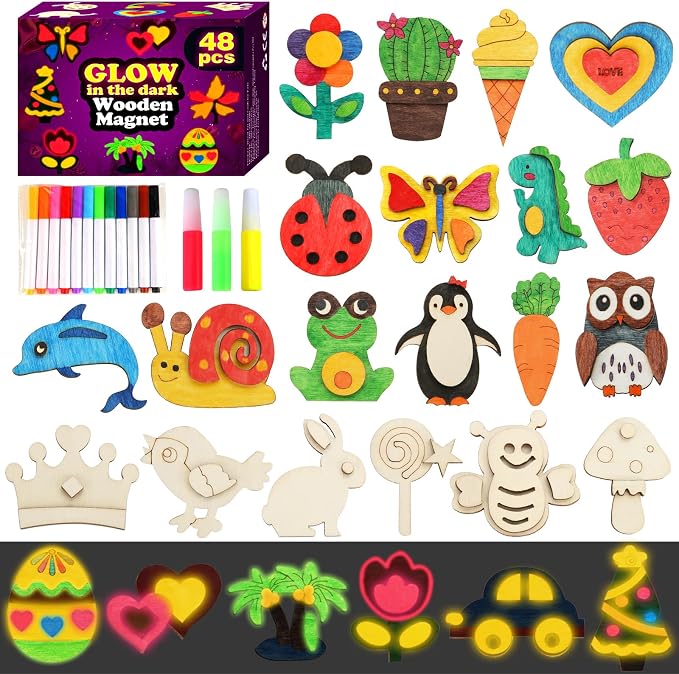 48 Pcs DIY Wooden Magnets, Wooden Art Craft Supplies Painting Kit for Kids | Ages 4-8 8-12 Glow in The Dark Party Favors Goodie Bag Stuffers Birthday Gifts Toys for Boys Girls