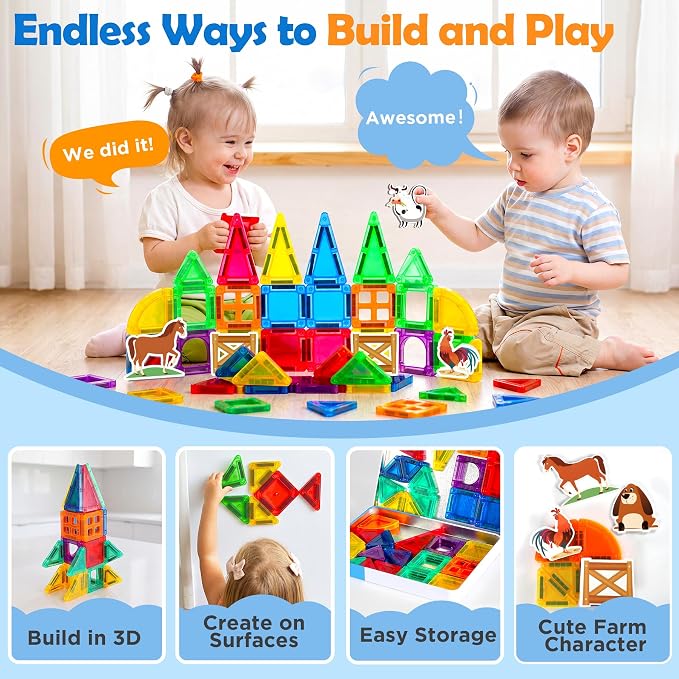 URMYWO Magnetic Building Tiles, Magnetic 3D Blocks Construction Playboards | 36 Pcs, STEM Creative Educational Toys for Kids Ages 4-8, Preschool Kindergarten Game, Farm Theme, Boy Girl Birthday Gifts