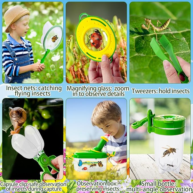 Bug Catcher Kit for Kids,8 Pcs Kids Bug Habitat with Bug Collector Butterfly Net Magnifying Glass Binoculars Tweezer Hats,Outdoor Explorer Kit for Boys Girls 3-12 Years Old