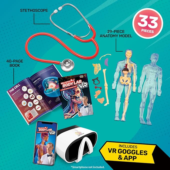 Abacus Brands Bill Nye's Science Squad Body Lab VR- Kids STEM Activity Set | Virtual Reality Goggles, 30-pc Human Anatomy Model, Working Stethoscope, 40-pg Educational Book, Hands-On Experiment, Ages 8+