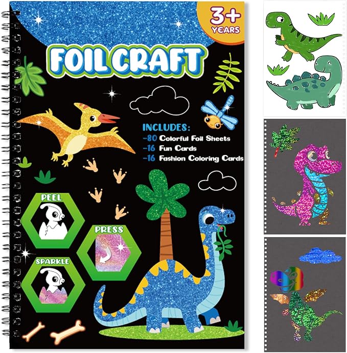 Foil Craft Dinosaur DIY Art Fun Kits, No Mess Creative Foil Art Kits Set Drawing Game for Kids, Birthday Gifts Crafts Supplies Travel Toys for Girls Boys Ages 4-9