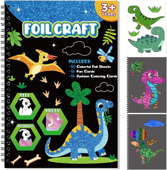 Foil Craft Dinosaur DIY Art Fun Kits, No Mess Creative Foil Art Kits Set Drawing Game for Kids, Birthday Gifts Crafts Supplies Travel Toys for Girls Boys Ages 4-9