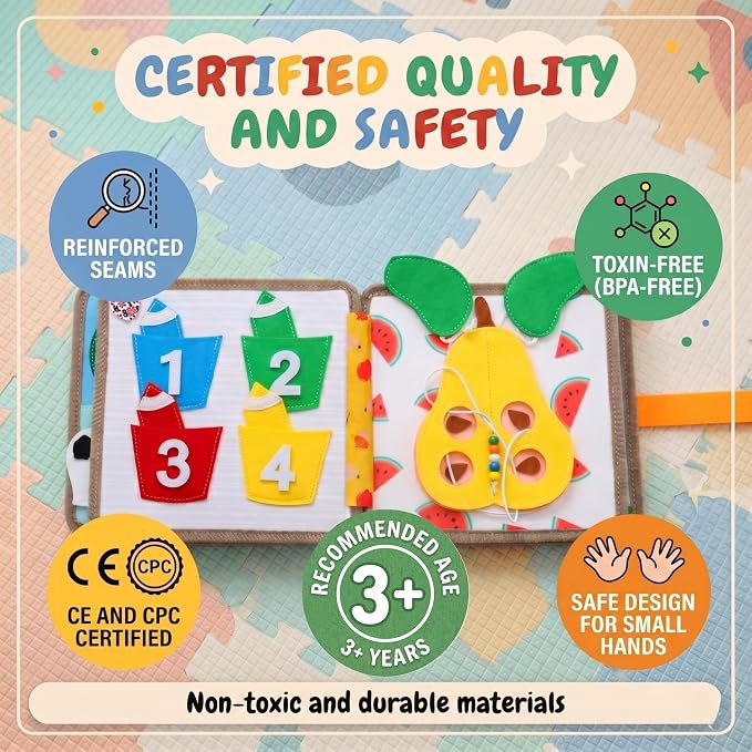 LUMS Busy Book for Toddlers 1-3 - Montessori Busy Board, Toddler Activity Book Ages 2-4, Felt Quiet Sensory Learning Travel Toy for 1 Year Old, Car & Airplane Rides