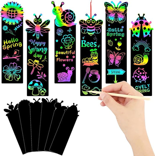 JUNEBRUSHS Spring Scratch Bookmarks, 30PCS Crafts for Kids DIY Rainbow Scratch Art, Spring Activities for Kids Art Project with 6 Designs, 30 Strings and 12 Sticks
