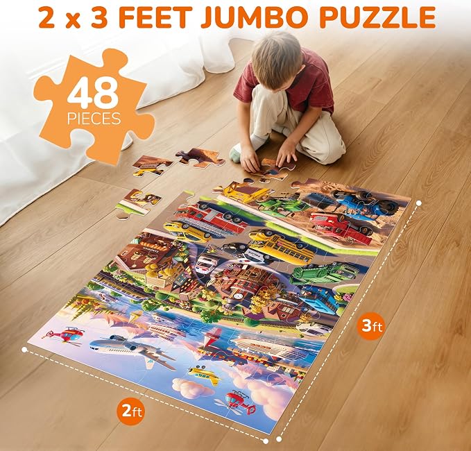 BenBen Floor Puzzles for Kids Ages 4–6, 2 x 3 Feet Transportation Puzzle | Extra-Thick 48 Large Pieces Vehicle-Themed Jigsaw Puzzle for Toddlers 3-5, Preschool Educational Toy Gift for Boys Girls