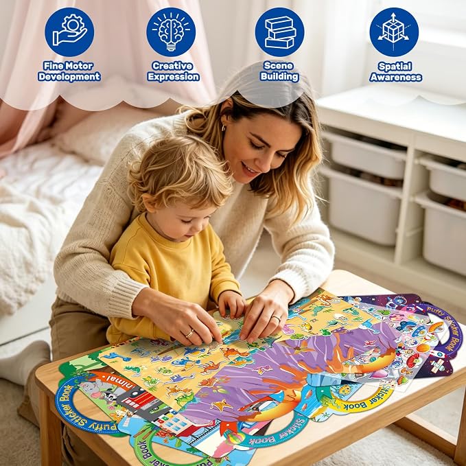 Elfew 6Pack Reusable Sticker Books for Toddlers 2-4 3-5 | 3D Puffy Stickers, 6 Themes, Waterproof, Mess-Free Sticker Activity Book, Travel Toys Birthday Gifts for Boys Girls