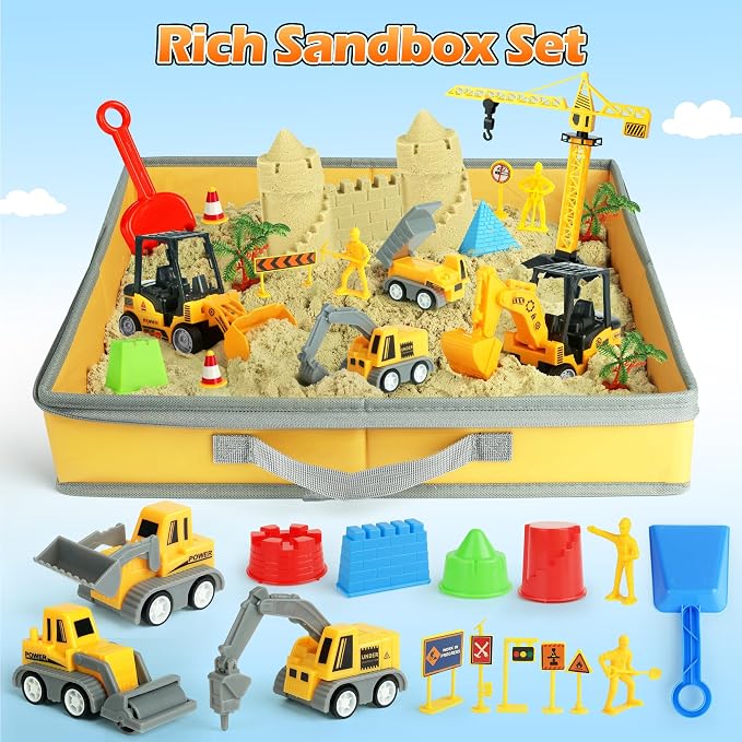 Helsort 37 Pcs Sand Construction Kit with Magic Sand, Sandbox, 8 Trucks | Foldable Sand Box, 2.2lbs Sand, 8 Construction Trucks, Crane, Worker, Road Signs, Molds, Shovel, Ideal Gifts for Kids 3+