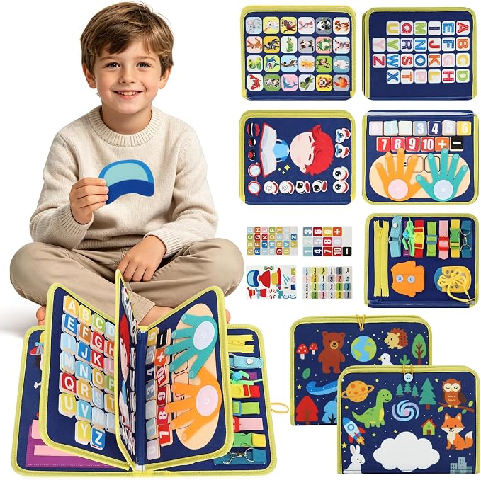 Busy Board Montessori Toys, Busy Book for 3 Year Old Toddler Boy Birthday Gifts, Montessori Toys Busy Board for Toddlers, Learning Educational Toddler Travel Activities