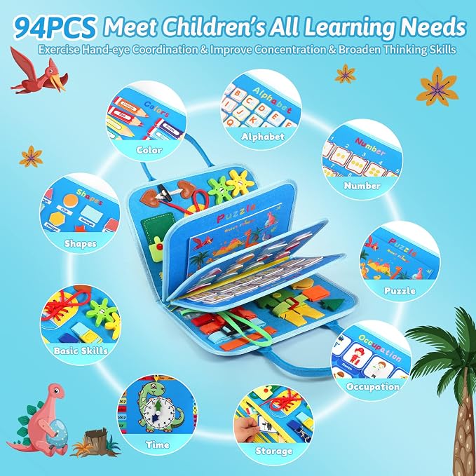 Quiet Flower Busy Board Montessori Toys - Sensory Busy Book for Early Learning, Dinosaur Educational Activity for Fine Motor Skills, Airplane Car Travel Toy Gifts for Boys Girls