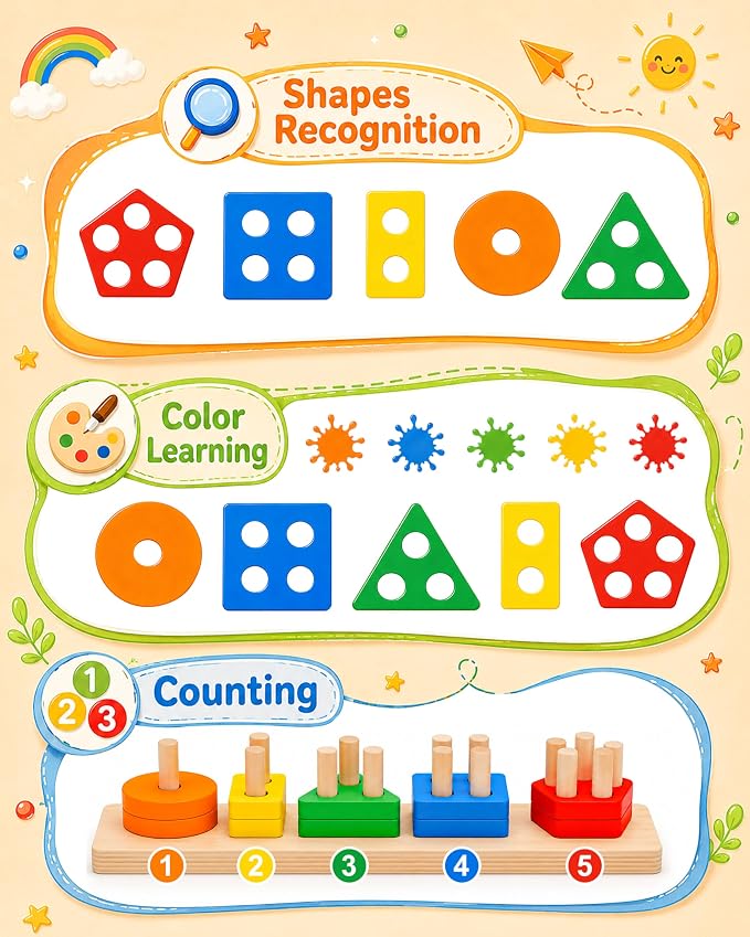 Montessori Toys for 1 2 3 Year Old Boys Girls Toddlers, Wooden Toys Gifts | Sorting Stacking Toys for Toddlers Kids Preschool, Educational Color Recognition Shape Sorter, Learning Puzzles Birthday Gift