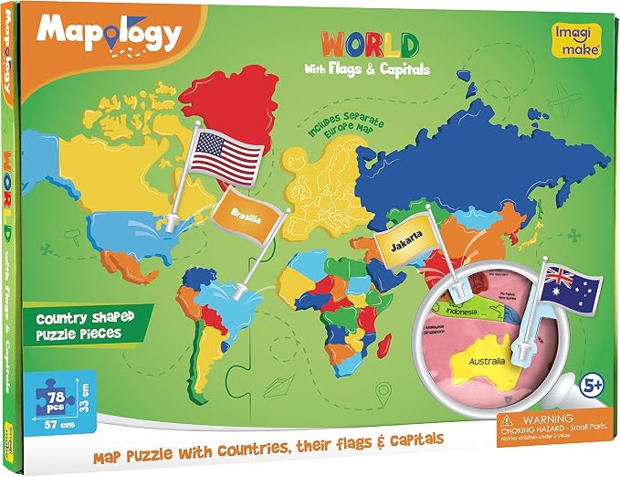 Imagimake Mapology World Map Puzzle - Includes Country Flags & Capitals | Fun Jigsaw Puzzle Kids Ages 5-8 | Educational Toys for Ages 8-13 | Geography Gifts for Girls & Boys 5, 6, 7, 8, 9, 10, 11, 12 | Fun Educational Jigsaw for Kids, Back to School Gi...