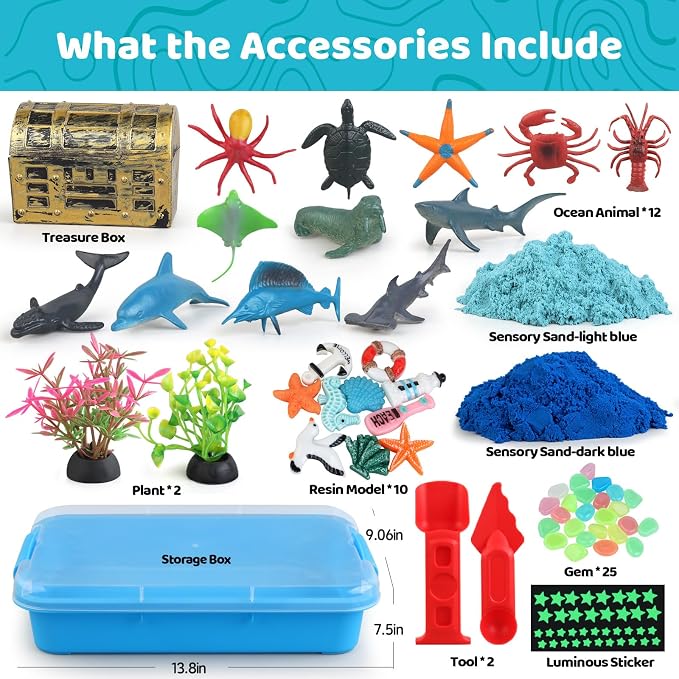 Kaelinda Ocean Sensory Bin for Toddlers 3-4 5-7, Sea Animals Toys for Kids | Sensory Bin Sand Gifts for Toddlers 3-4, Ocean Toys Sensory Sand for Boys Girls Birthday Gifts 3 4 5 6 7 8 Year Old