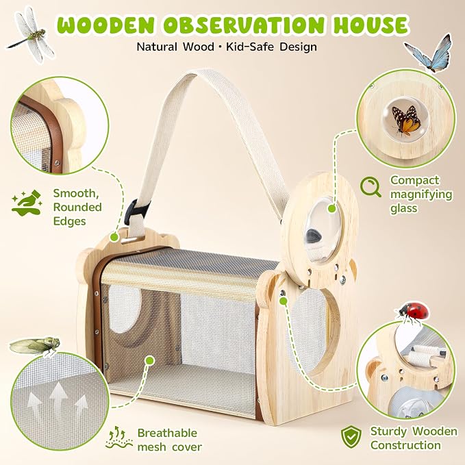 GAGAKU Wooden Bug Catcher Kit for Kids 4-8, 9PCS Outdoor Nature Exploration Set with Expandable Butterfly Net, Magnifying Glass, STEM Learning Game Cards, Educational Catching Toy for Backyard Camping