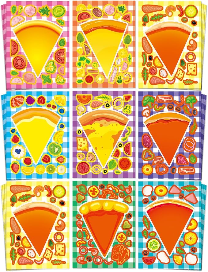 Aowplc 32 Sheets Make A Pizza Stickers for Kids, 8 Designs Mix 'n Match Pizza Crafts, Party Favors & Classroom Activities