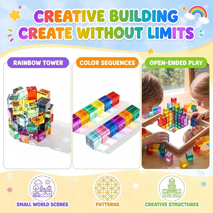 Meooeck 100 Pcs Rainbow Acrylic Gem Blocks Set with Wooden Mirror Tray, Translucent Stacking Gem Cubes for Kids 3-8, Montessori Educational Stem Sensory Light Learning Toy Gift Creative, School Supply