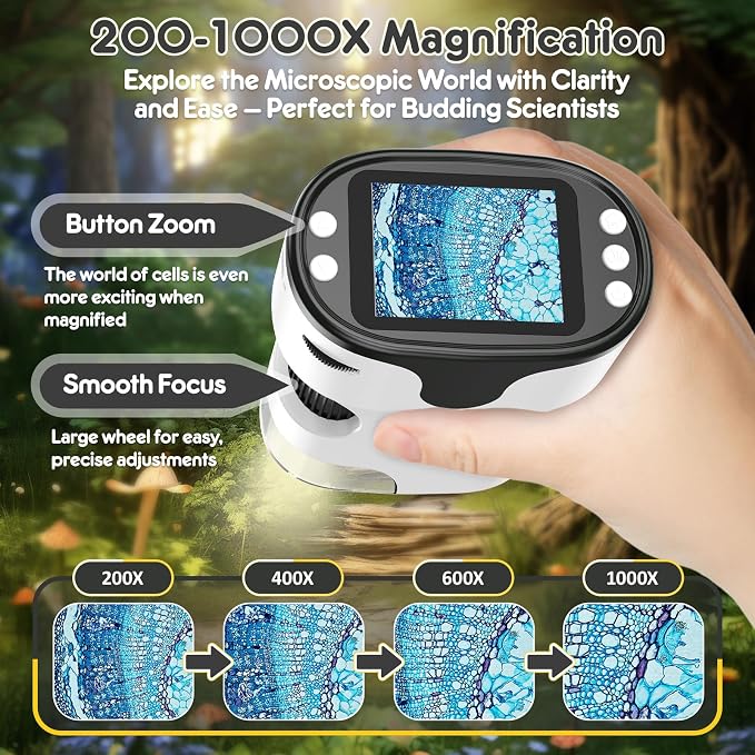 Kids Digital Microscope Science Gift: Complete STEM Toy Kit for Ages 4-12 | 32GB Card for Photos & Video / Custom EVA Case / Real Glass Slides / Upgraded 3mm Slide Slot / 2.5H Rechargeable Use