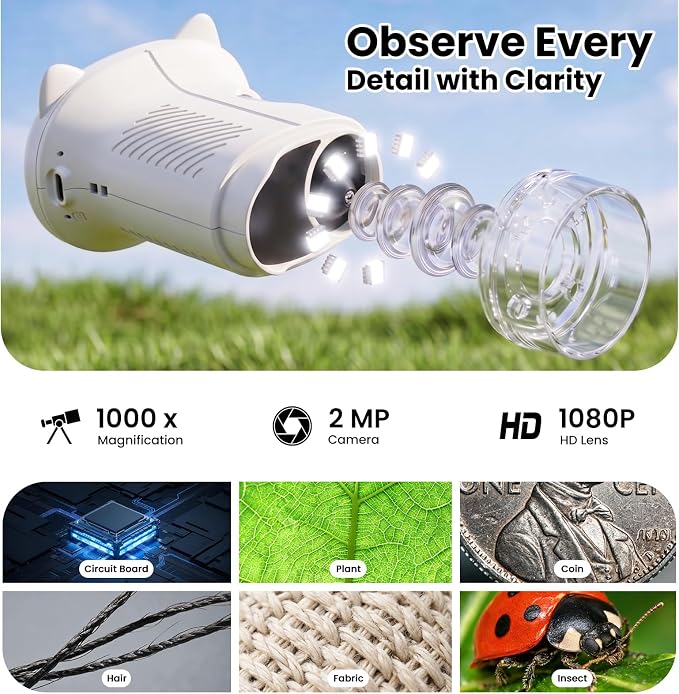 Alotwan Handheld Kids Microscope, Digital 1000X Miniscope, HD 2.4" Screen