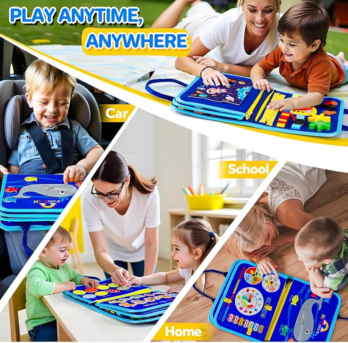Montessori Busy Board,Busy Book Travel Toy Gifts for Toddler Boy Girl 1-3 | Sensory Toys,Preschool Educational Toy,Fine Motor Skills,Activity Book,For Airplane & Car,Blue Multipages
