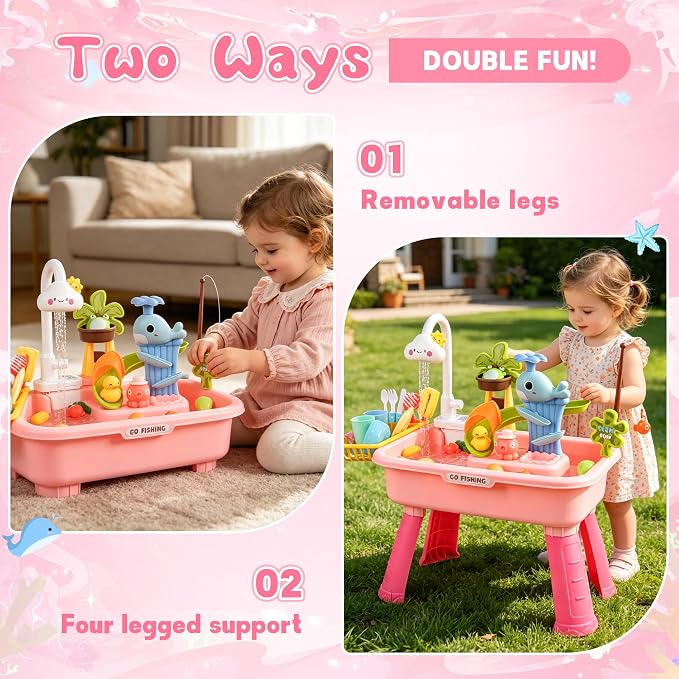 Upgraded 4-in-1 Sand Water Table for Toddlers 1-3, Kids Sensory Table with Electric Water Pump & Cloud Faucet, Play Kitchen Sink with Food Accessories, Fishing Toy ‒ Adjustable Height (Pink)