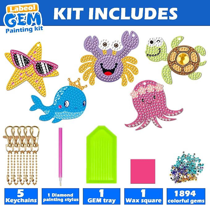 Labeol Arts and Crafts for Kids - Creat Your Own GEM Keychains-5D Diamond Painting by Numbers GEM Kits for Kids Girls Toddler Age 6-7 6-8 10-12