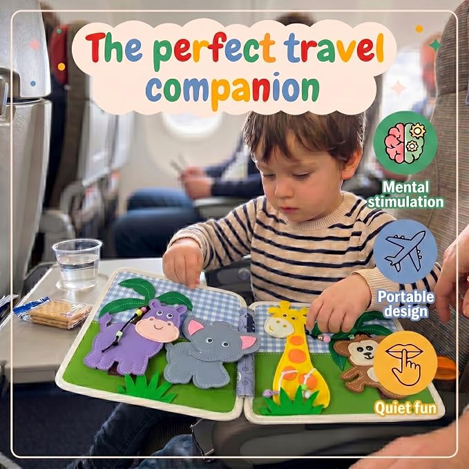 LUMS Busy Book for Toddlers 1-3 - Montessori Busy Board, Toddler Activity Book Ages 2-4, Felt Quiet Sensory Learning Travel Toy for 1 Year Old, Car & Airplane Rides