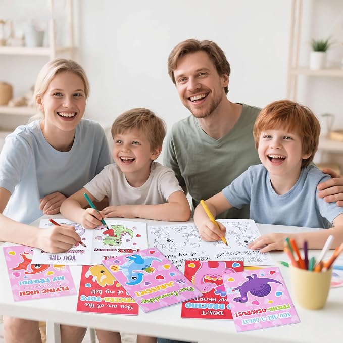 Dvbonike 24Pcs Valentine's Day Dinosaur Coloring Books - DIY Color-in Pages Booklet Bulk Sweet Message Drawing Pattern Party Favor Gifts Home School Classroom Rewards Art Activity Supplies for Kids