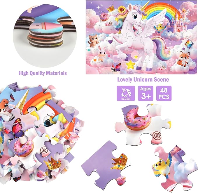Jumbo Floor Puzzle for Kids,48 Piece 3D Unicorn Jigsaw Puzzle Ages 3-8 | Extra-Thick Easy-Grip Pieces Form a 35.4 x 23.6-Inch,Unicorn Puzzle,Preschool Learning Gift for Boys and Girls Ages 3-8