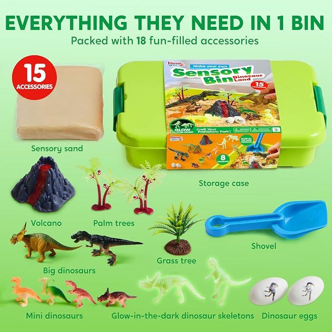 JOVA Klever Kits Dinosaurs Sensory Bin Toys for Kids with Glow in The Dark Dinosaurs, Sandbox with Lid Sand, Preschool Learning Activities Gifts for Boys Girls Age 3+