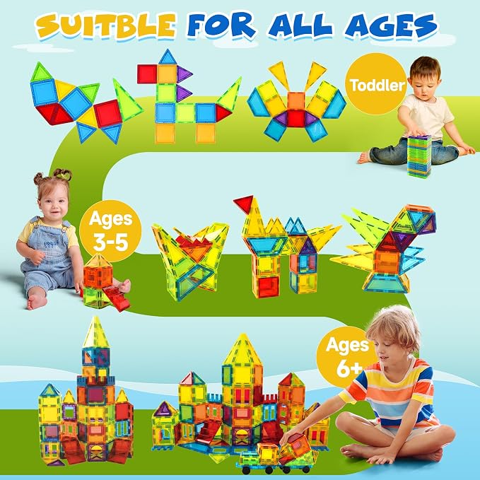 Magnetic Tiles 131 PCS with 2 Cars STEM Toys for Kids Ages 3-8