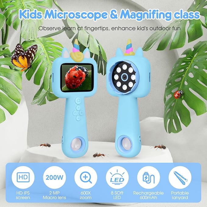 Magnify 2.4" Screen Handheld Microscope for Kids, 600X Digital 4K Kids Microscope, 8 LEDs Pocket Microscope, Portable Edu Toy for Ages 3-12 Boys& Girls Exploring Bugs Plants at Home & Outdoor Travel