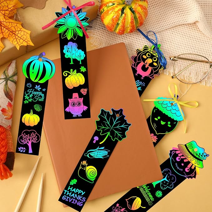JUNEBRUSHS 30Pcs Fall Scratch Bookmarks, Rainbow Scratch Paper Art | Hello Fall Autumn Leaves, Pumpkin Turkey DIY Crafts Kit, for School Classroom Activity, Thanksgiving Party Favor