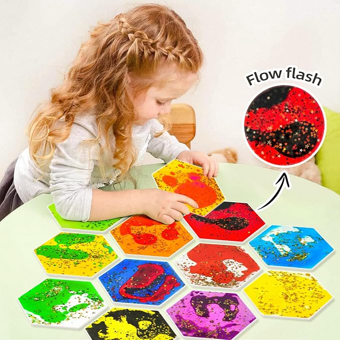 Liquid Sensory Soft Gel Toys - Set of 12 - Hexagonal | Sensory Fidget Toys, Water Sensory Toys, For Nursery, Playroom, For Toddlers and Kids with Autism