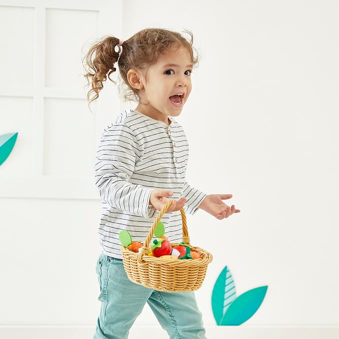 Janod - 25 Piece Wooden Play Food Fruit and Vegetable Basket - Ages 3+ - Playing Store with Toy Register - Imaginative Play Enhancement - Includes 24 Fruits and Vegetables - Ages 3+ - J05620 | Ages 3 and Up - Enhances Imagination - Pretend Store Grocer...