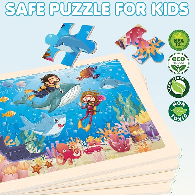 Puzzles for Kids Ages 4-6, 4 Packs Wooden Animals Jigsaw Puzzles for Toddlers Ages 3-5, Preschool Educational Puzzles Boards Toys Gifts for 3 4 5 6 Boys Girls
