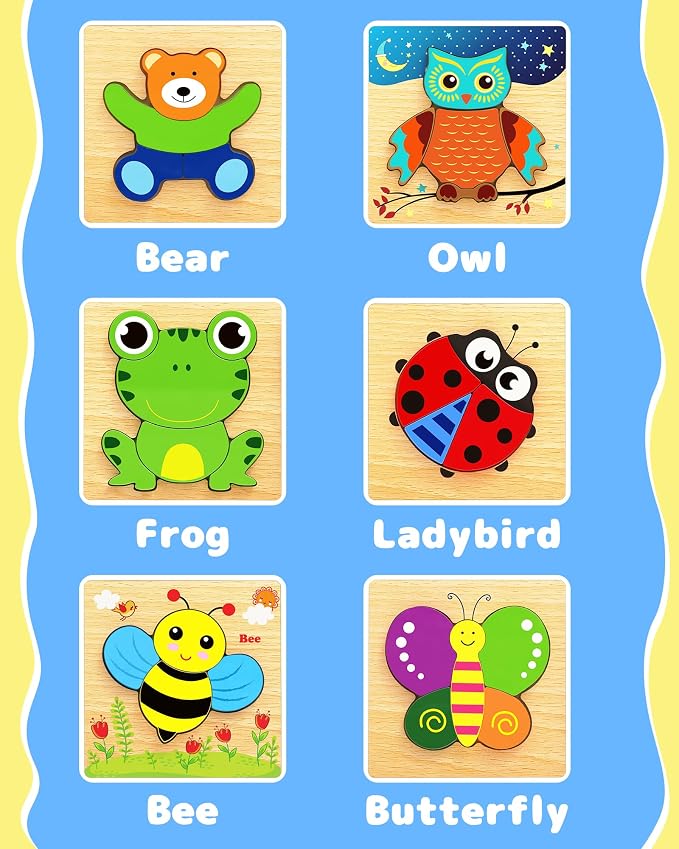 Bekayshad Wooden Puzzles for Toddlers 1-3, Montessori Toys for 1 2 Year Old | Toddler Puzzles, 1 2 Year Old Boy Girl Birthday Gifts, 6 Pack Animal Shape Jigsaw Puzzles, Learning Educational Preschool Toy