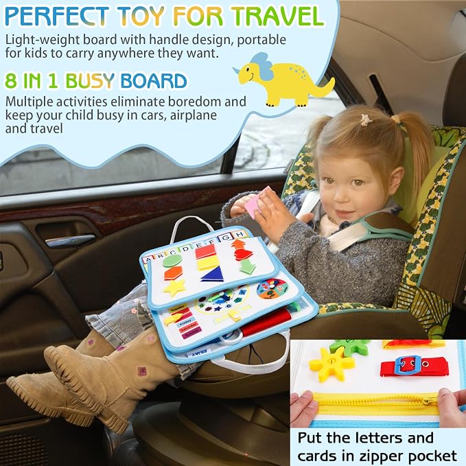 Esjay Busy Board Montessori Toys for Boys Girls, Sensory Book Educational Activities for Learning Fine Motor Skills, Birthday Gifts, Travel Toys for Airplane Car, White Multi