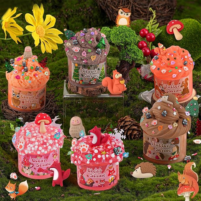 LAWOHO 6-Pack Forest Animal Slime Kit for Kids, Clear Butter Cloud Gift Set | Animal add-ins, 360ml total, party favors, goodie bag stuffers, Easter basket fillers and sensory toys for kids ages 4-10