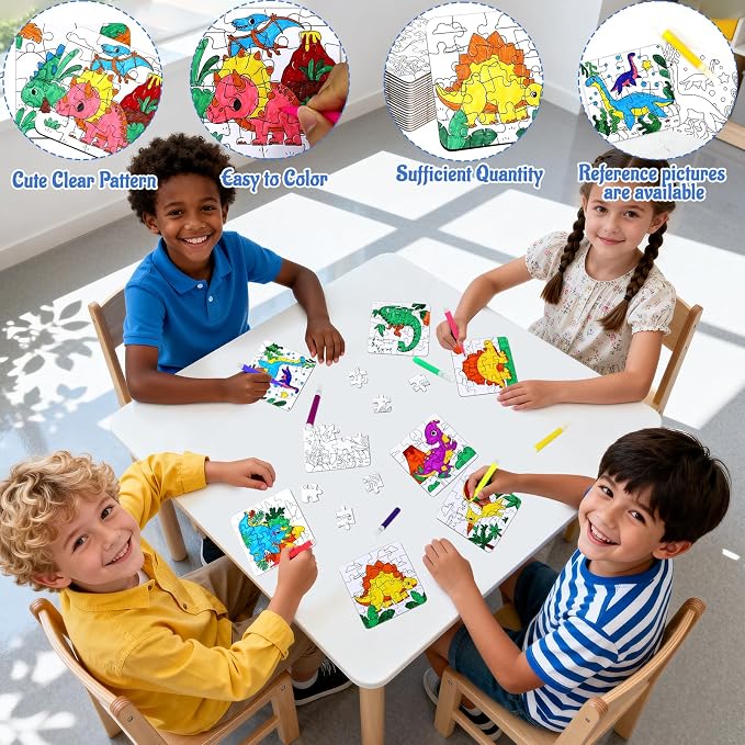 Dinosaur Puzzles for Toddlers 2-4, Dinosaur Crafts DIY Art Activities Toys | 24 Set Color Your Own Craft Blank Jigsaw, Fall Classroom Gift for Kid Adult Birthday Party Favors Coloring Game Supplies Bulk