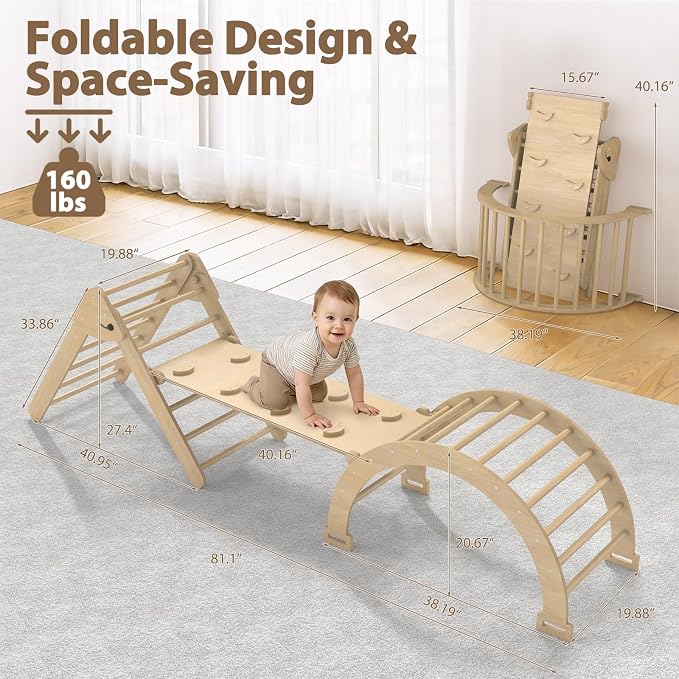 Large Pikler Triangle Set, 7-in-1 Toddler Climbing Toys Indoor, Wooden Montessori Climbing Set with Arch Ramp Ladder, Foldable Baby Jungle Gym Playground (Wood)
