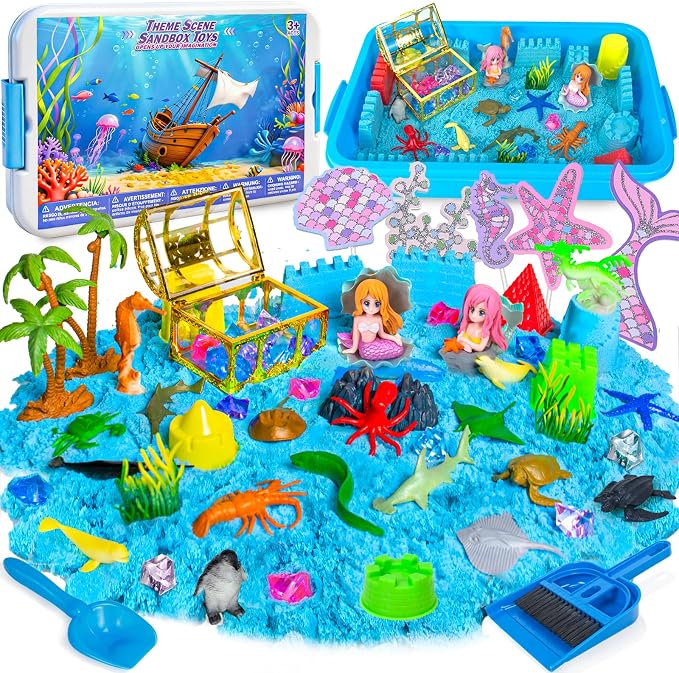 Sensory Bins, Ocean Sensory Bin Mermaid Sandbox for Kids 3 4 5 6-8 | with 2.2lbs Magic Sand, 2 Mermaid Toys, Sea Animals, Cleaning Tools, Birthday Gift for Toddlers Play Sand Art Kit