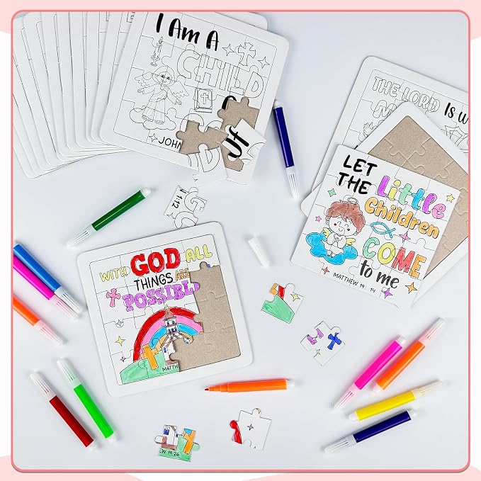 Cinrobiye 24 PCS Bible Coloring Jigsaw Puzzle Craft Kit for Kids, DIY Christian Inspirational Puzzle Set Bulk, Religious Sunday School VBS Church Crafts, Party Favors, Classroom Activities