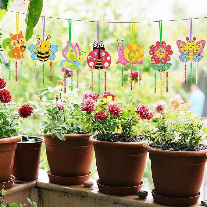 JellyArch 30 Pcs Wind Chime Craft Kit, DIY Wooden Insect with Paint | Paint Brushes Stickers, Kids Adults Summer Party, Ocean Beach Decor, Bulk Church Windows, Bee Ladybug Butterfly Designs