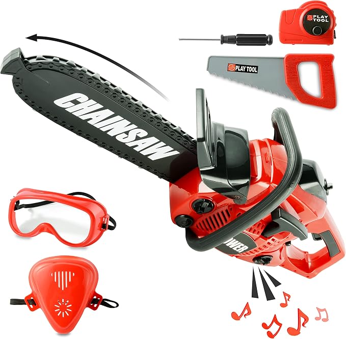 Toy Choi's Toy Chainsaw with Realistic Sound，Kids Gardening Tool Play Set | Rotatable Safe Chain, Sturdy Plastic Kids Chainsaw for Boys Girls Ages 3 4 5 6 7 8 with Toy Tool Set, Yard Pretend Play Gift