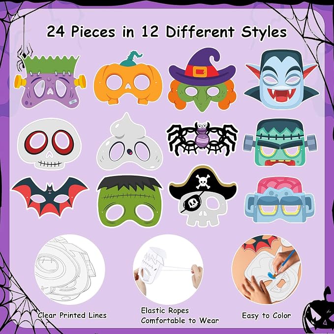 24 Pcs Halloween Mask Crafts for Kids DIY Coloring Halloween Masks | Color Your Own Art and Crafts for Kids Birthday Cosplay Classroom Activities Masquerade Dress-Up Party Favors Game Supply