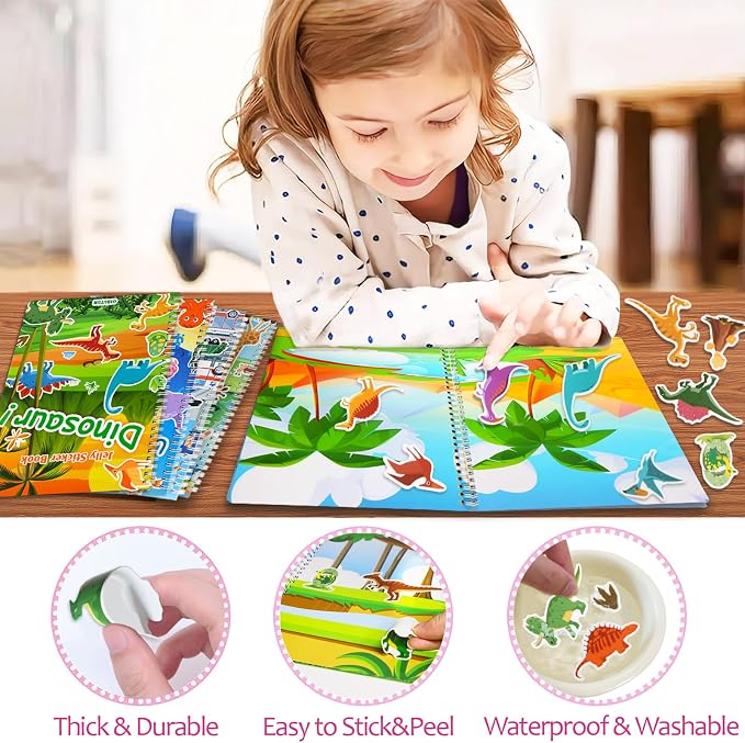 Reusable Sticker Book for Kids 1-3, Jelly Sticker Books for Toddlers 2-4 Years, Dinosaur Stickers for Kids, Toddler Easter Basket Stuffers＆Travel Essentials Plane Activities (Dinosaur)