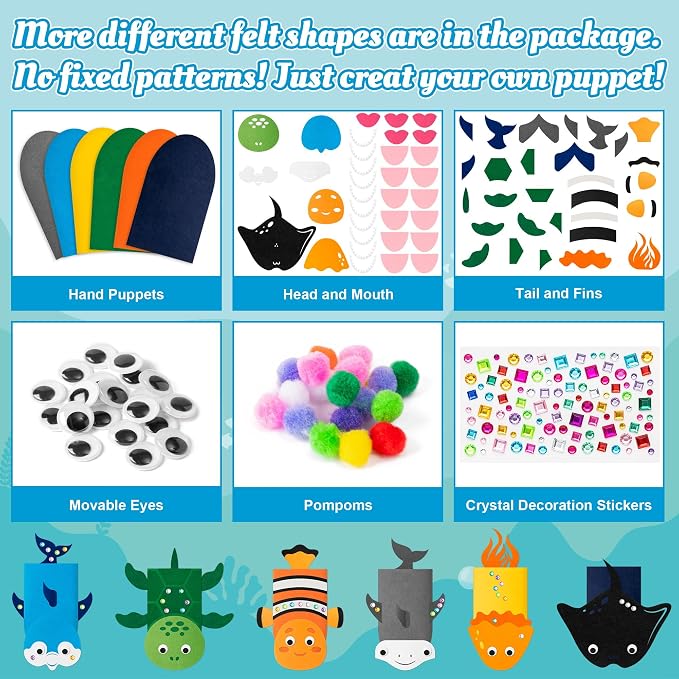 WATINC Hand Puppet Making Kit, Felt Sock Puppet Toys for Kids (Ocean) | 6 Styles, Make Your Own Storytelling & Role Play Crafts, Creative Group Activity, Party Favors & Gifts for Kids Ages 4-8